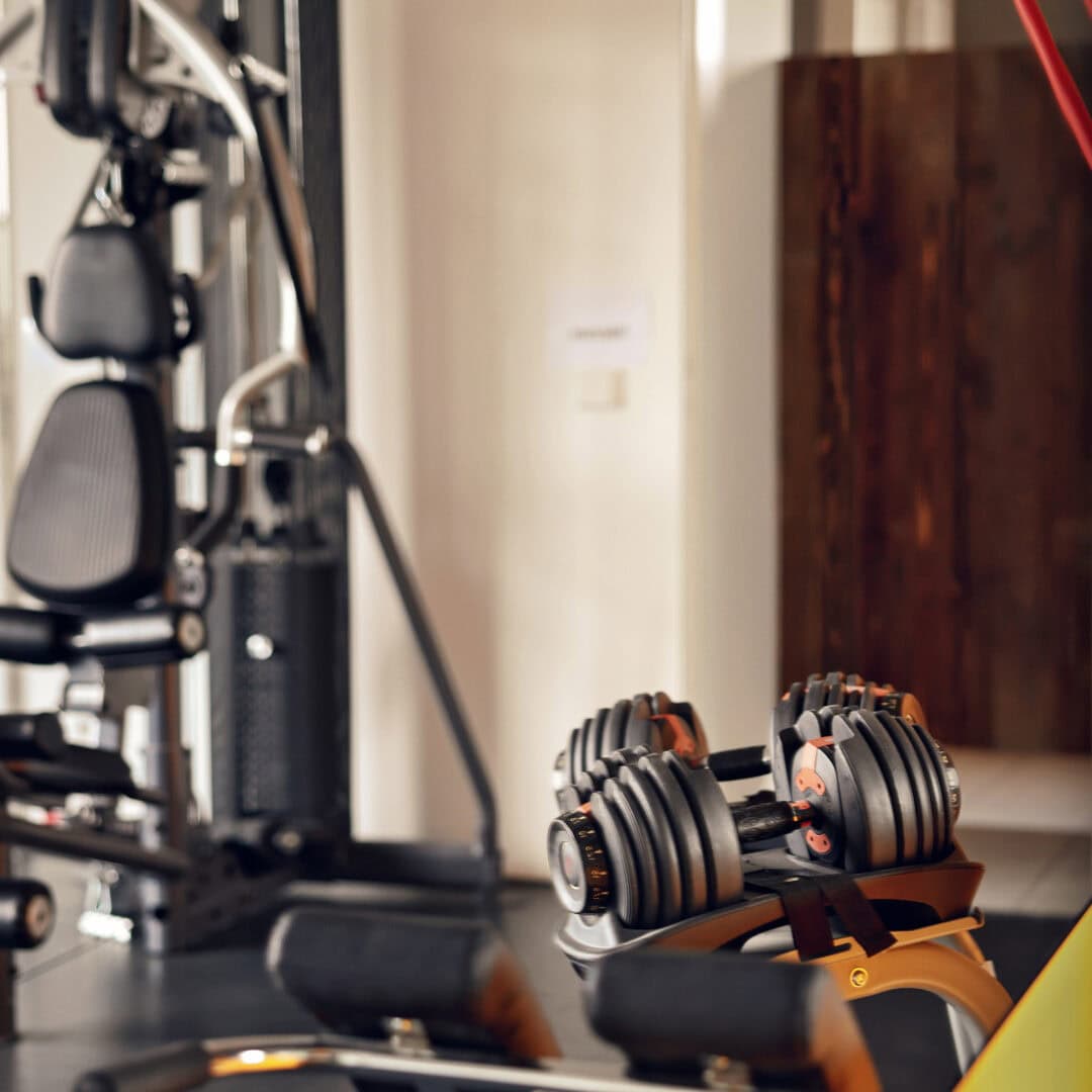 Fitnessraum mit Hanteln, Krafttrainingsgeräten und Spiegel, professionell ausgestattet.