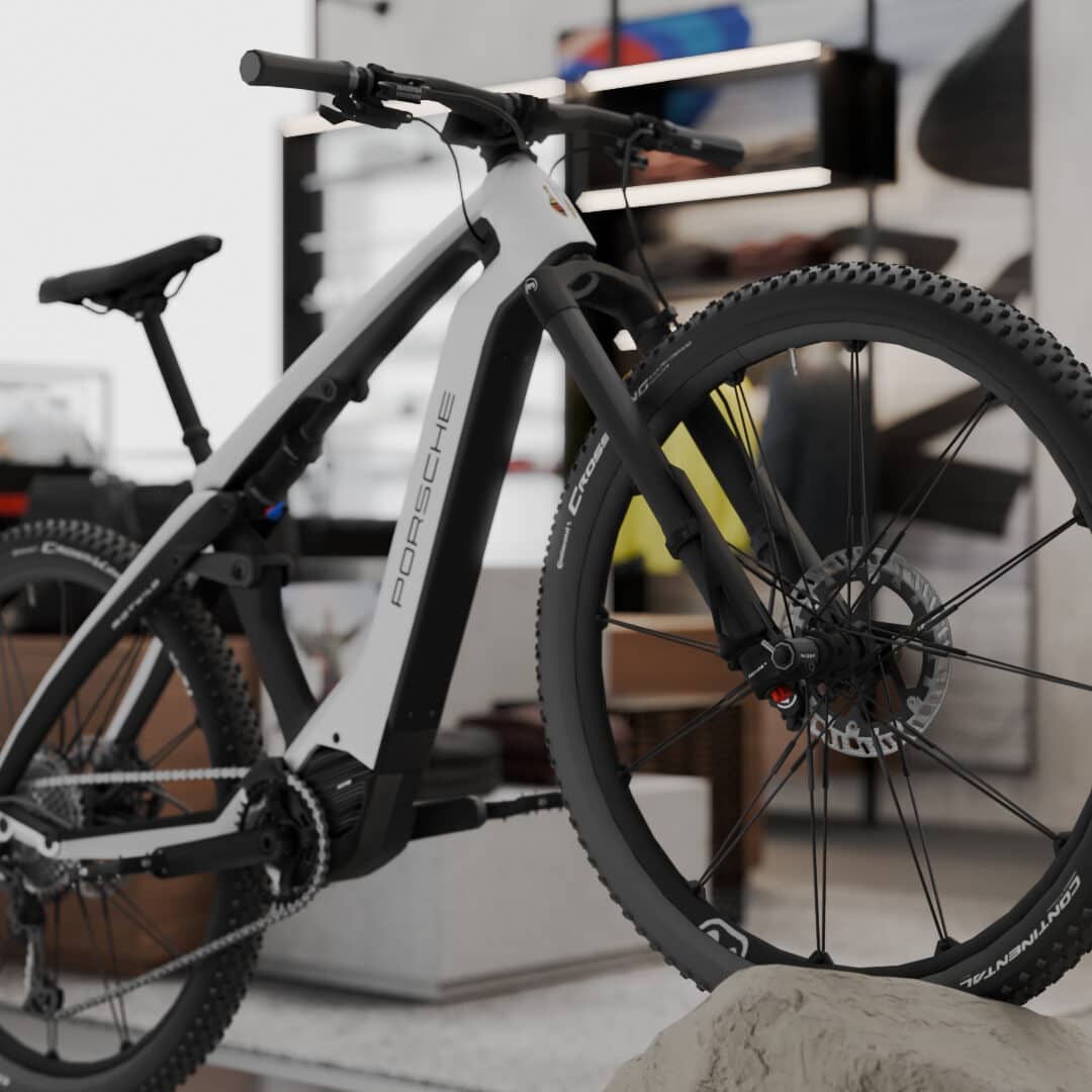 Modernes KRAISS E-Mountainbike mit robustem Rahmen und leistungsstarkem Akku im Verkaufsraum.