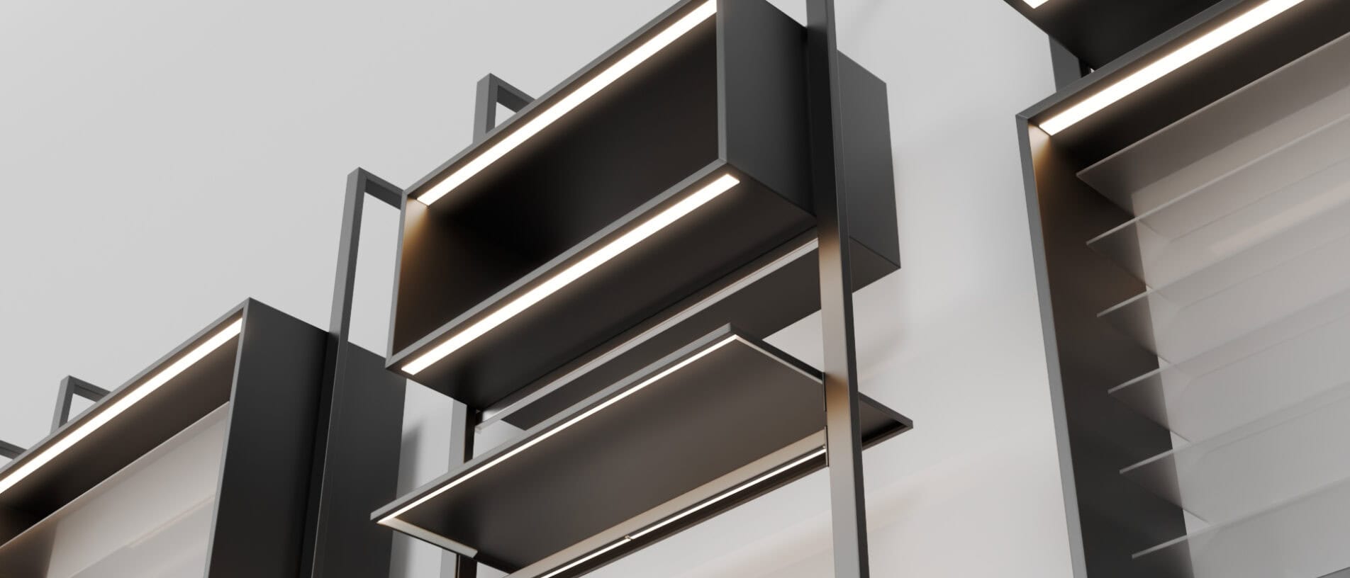 Zeitgenössische KRAISS Regale in Schwarz mit LED-Beleuchtung, ideal für stilvolle Innenraumgestaltung.