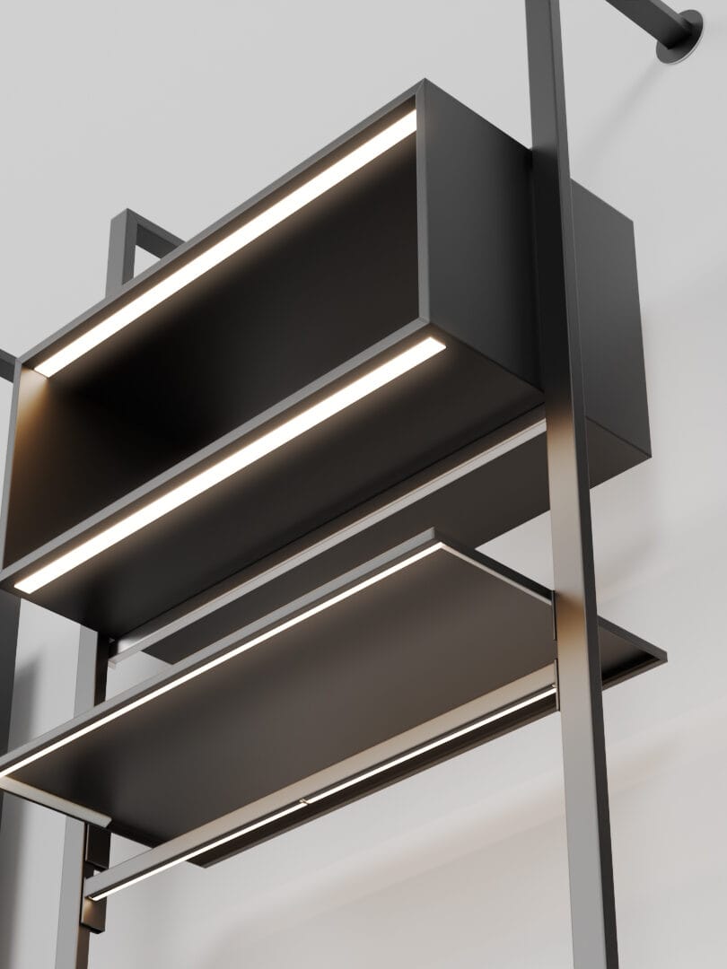 Zeitgenössische KRAISS Regale in Schwarz mit LED-Beleuchtung, ideal für stilvolle Innenraumgestaltung.