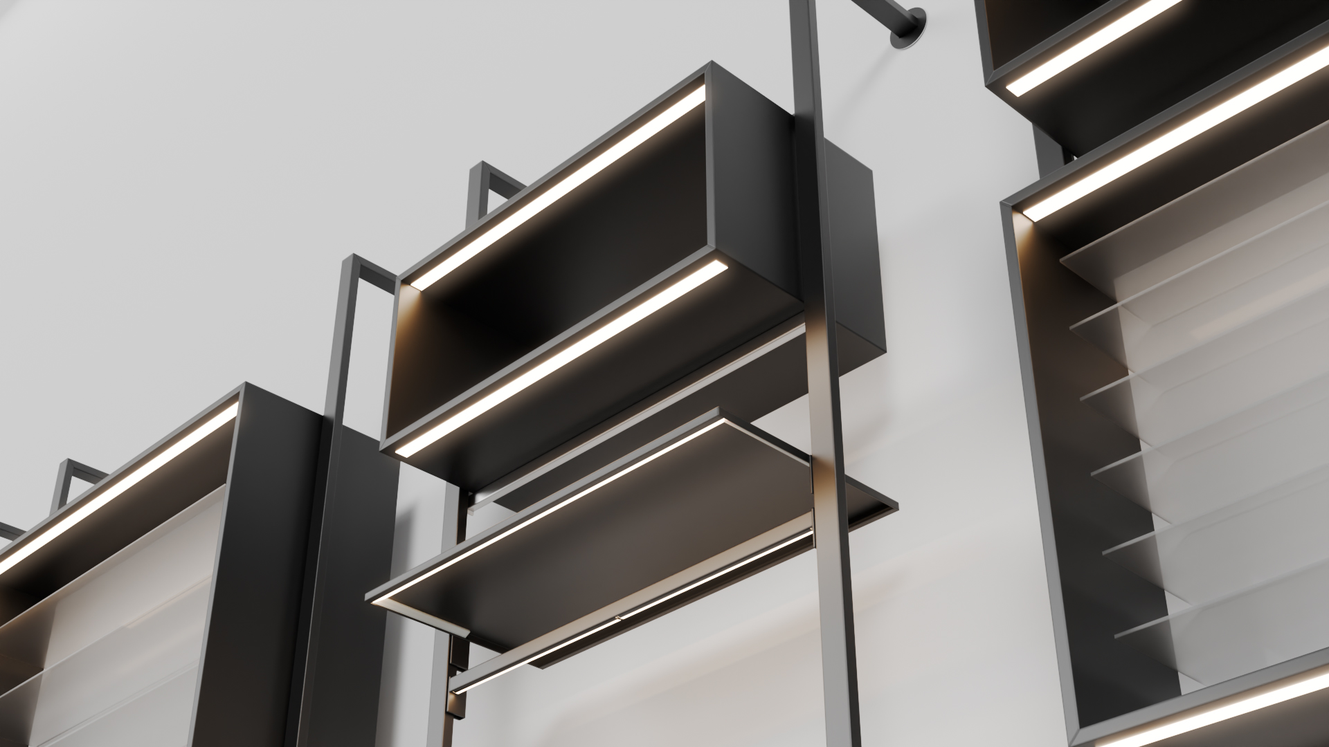 Zeitgenössische KRAISS Regale in Schwarz mit LED-Beleuchtung, ideal für stilvolle Innenraumgestaltung.