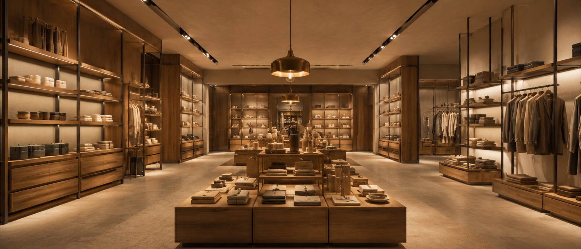 Innenansicht eines stilvollen Ladens mit Holzregalen, Kleidung und Accessoires, warmes Licht, moderne Einrichtung.