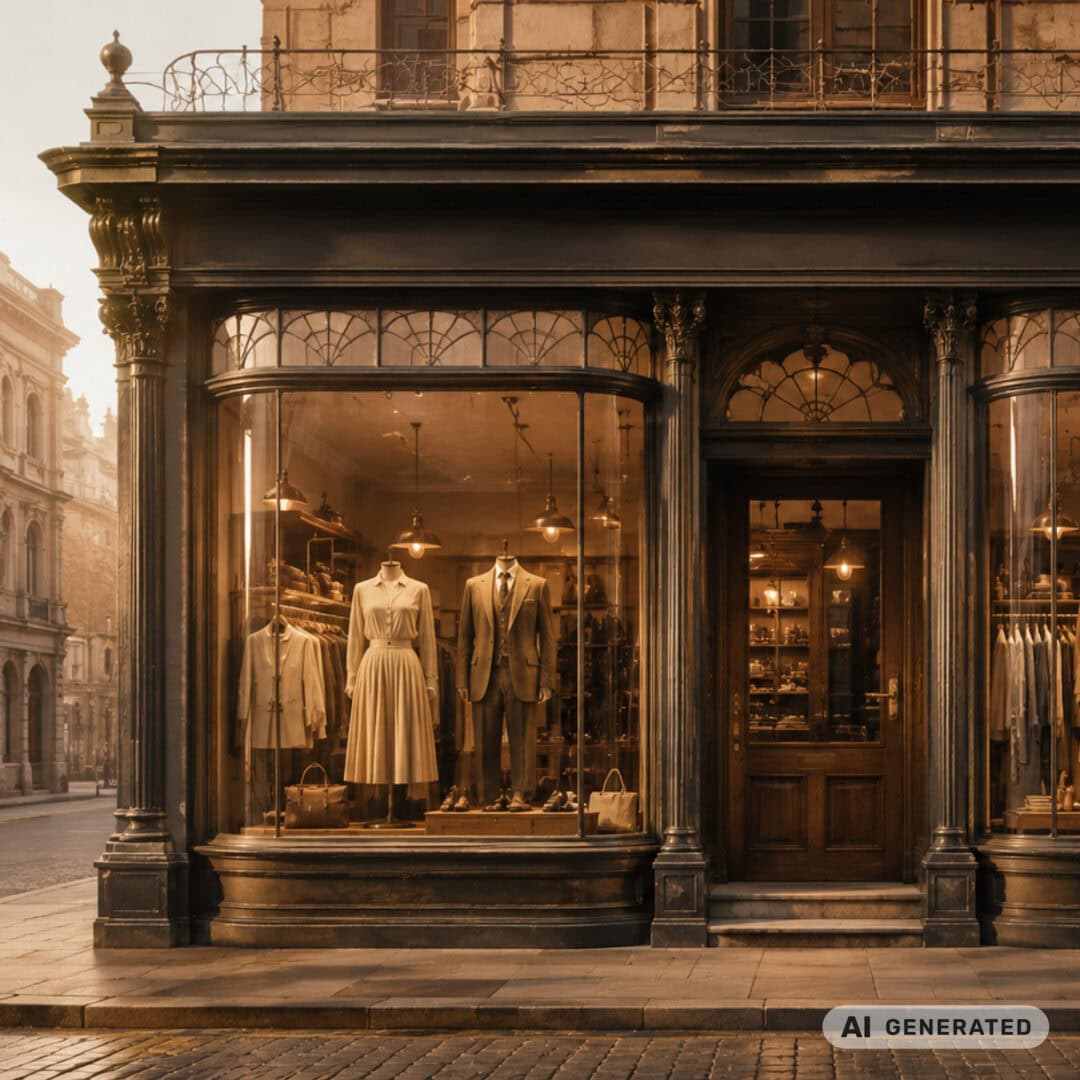 Historisches Modegeschäft mit Schaufenster und Kleidung auf Mannequins, umgeben von alten Gebäuden in einer Stadt.