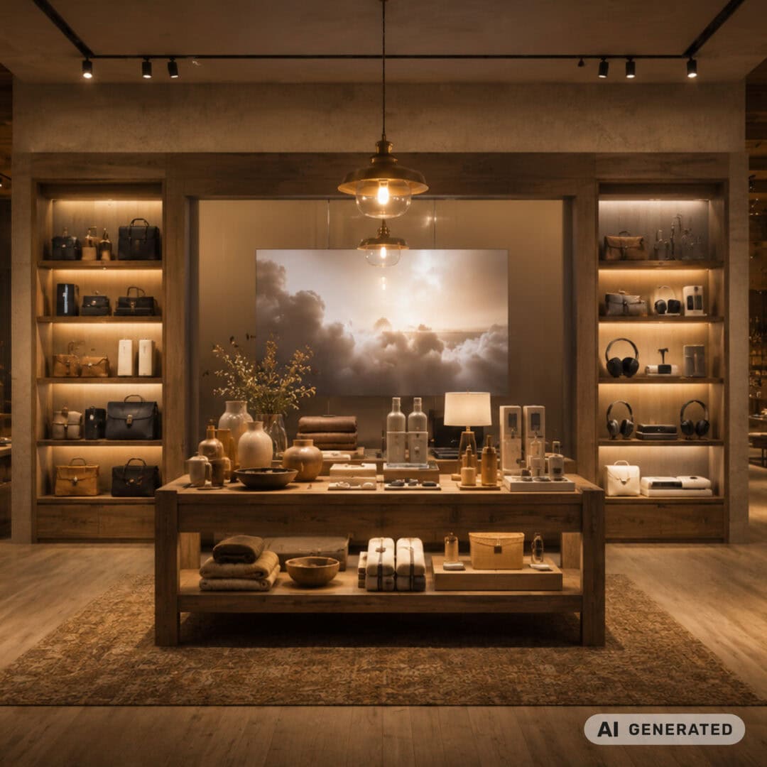 Innenansicht eines stilvollen Ladens mit Holzregalen, Beleuchtung und Dekorationsartikeln.