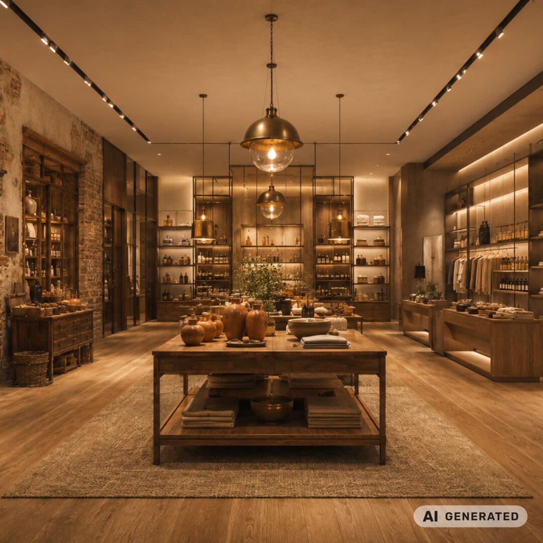 Innenraum eines stilvollen Ladens mit Holzregalen, Vasen und Dekorationsartikeln, warmes Licht, moderner und rustikaler Stil.